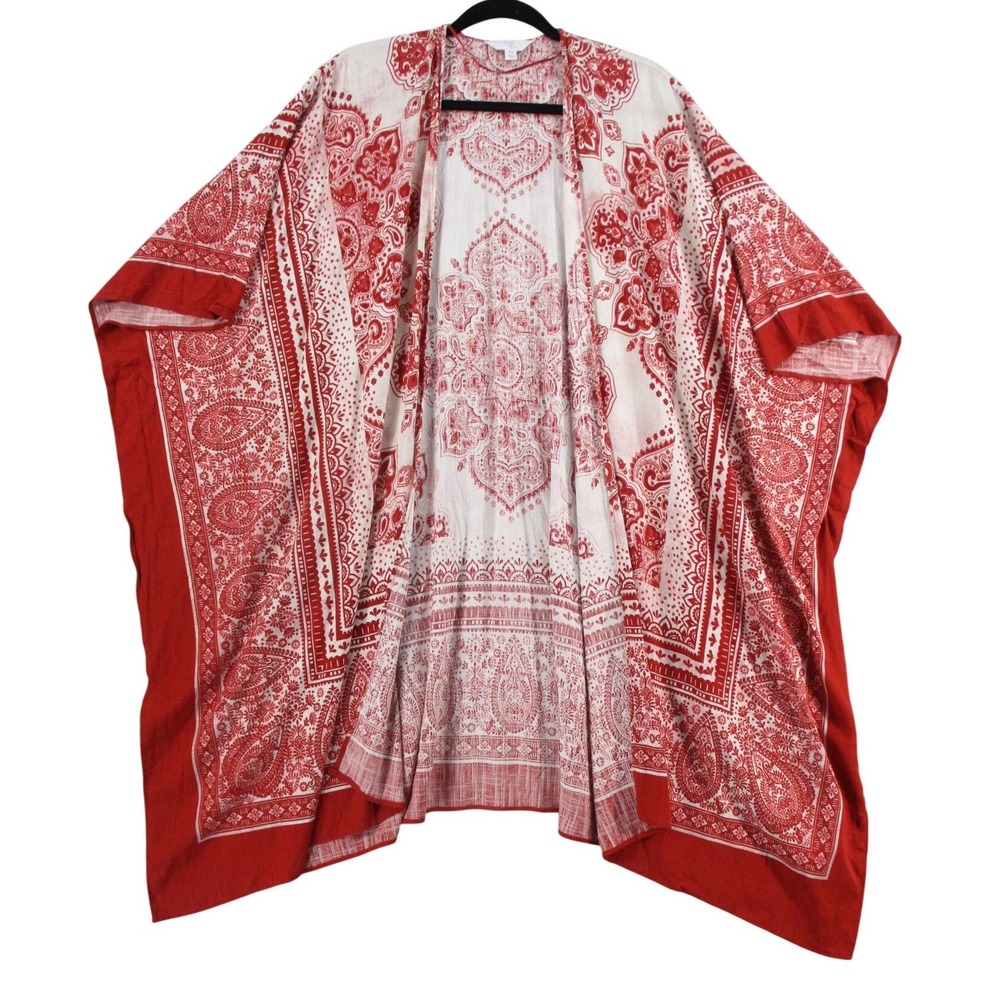 Time and Tru Womens Red White Paisley Medallion Kimono‎ Wrap Cover Up 2X-3X